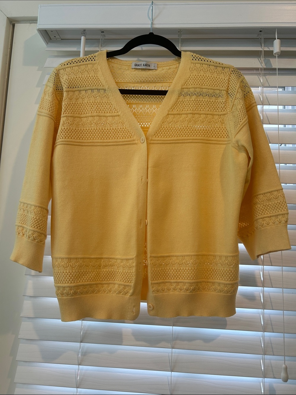 Grace Karin Soft Yellow Eyelet Knit Cardigan